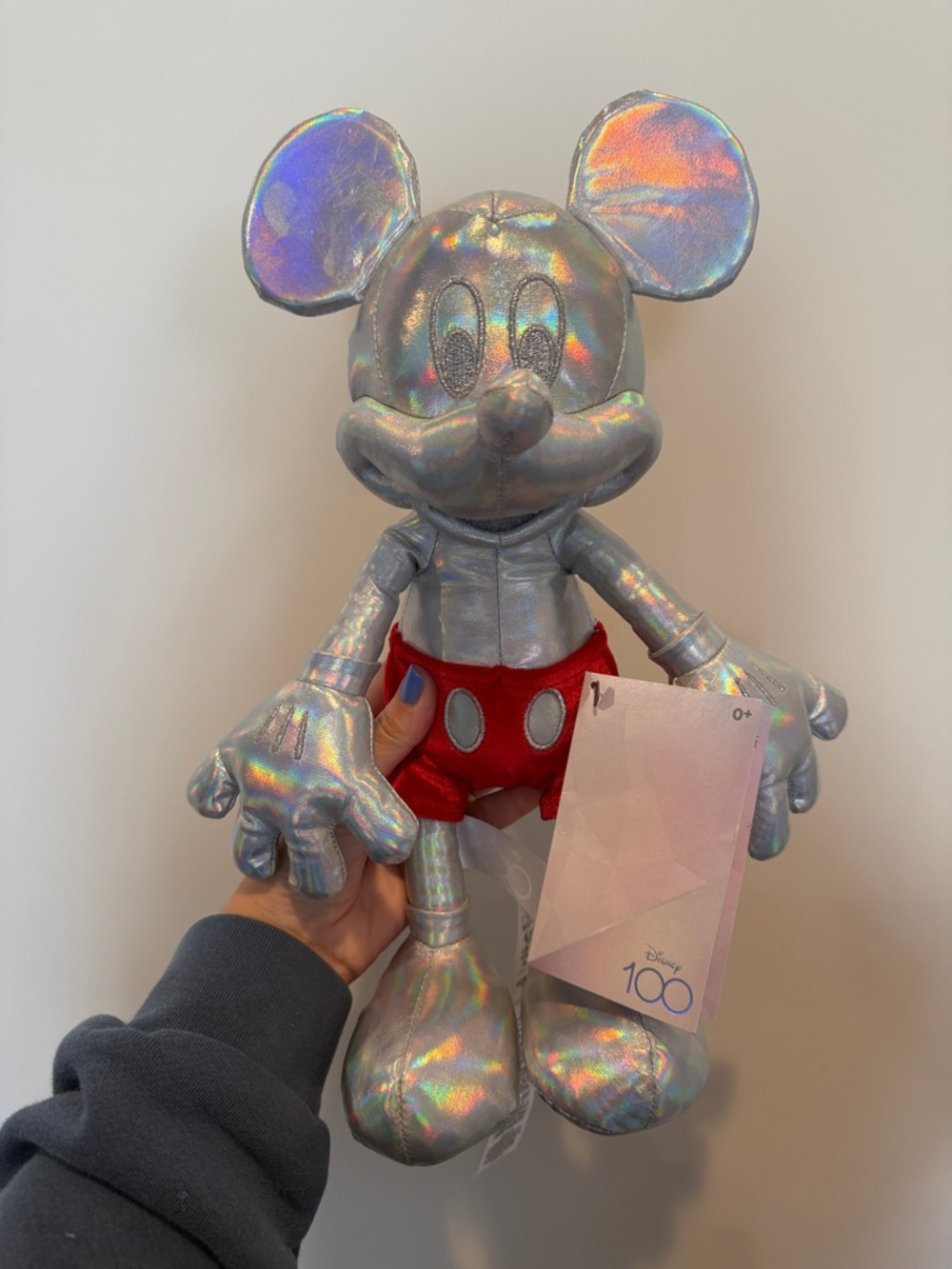 NWT Disney 100 Iridescent Silver Mickey Mouse Plush with Red Shorts